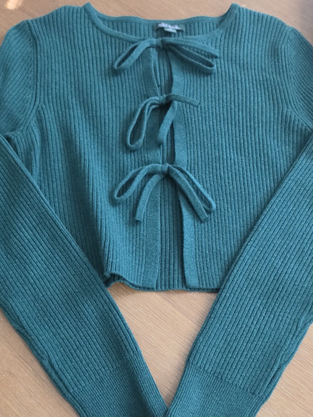 Teal Rib-Knit Tie-Front Women's Sweater